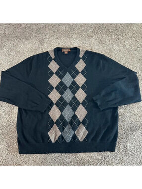 Tasso Elba argyle diamond pattern 100% fine cashmere v neck sweater